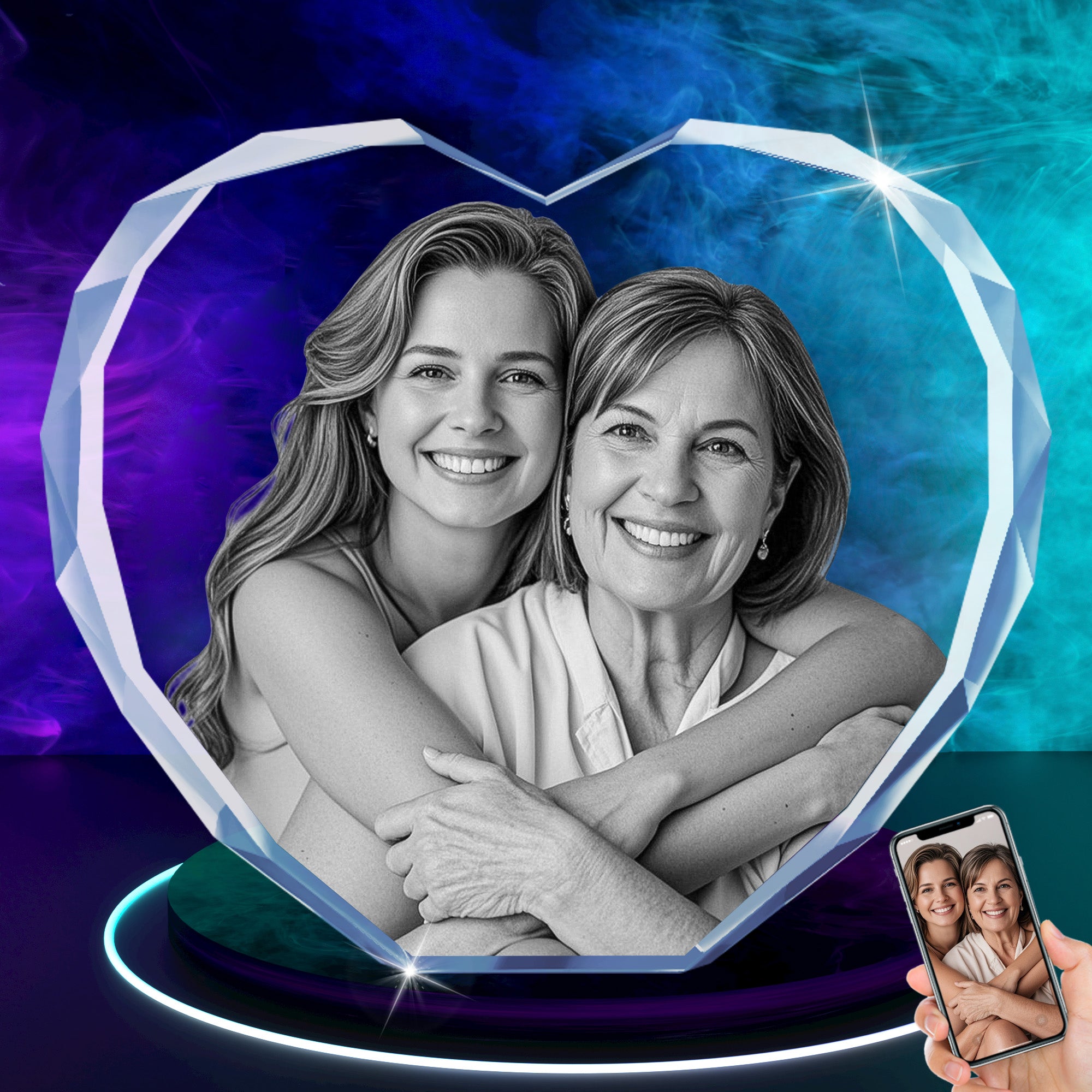 A personalized 3D crystal photo frame in the shape of a heart, featuring an image of two smiling women embracing. The crystal frame has a transparent color with a heart shape, displayed on a blue and black background.