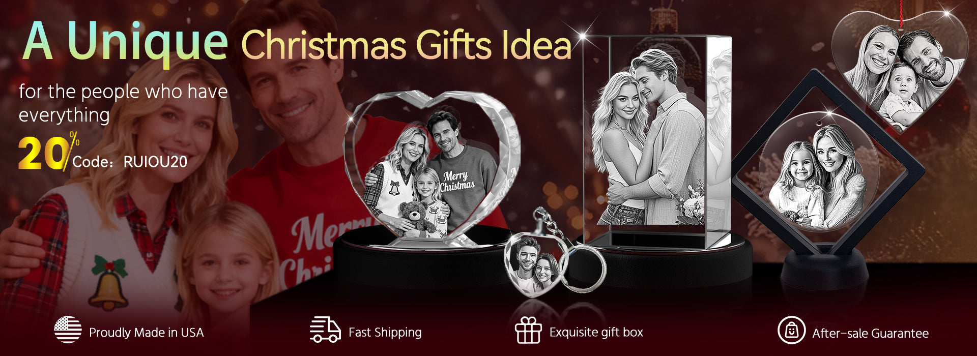 Advertisement for unique Christmas gifts featuring family photo frames on a dark background.